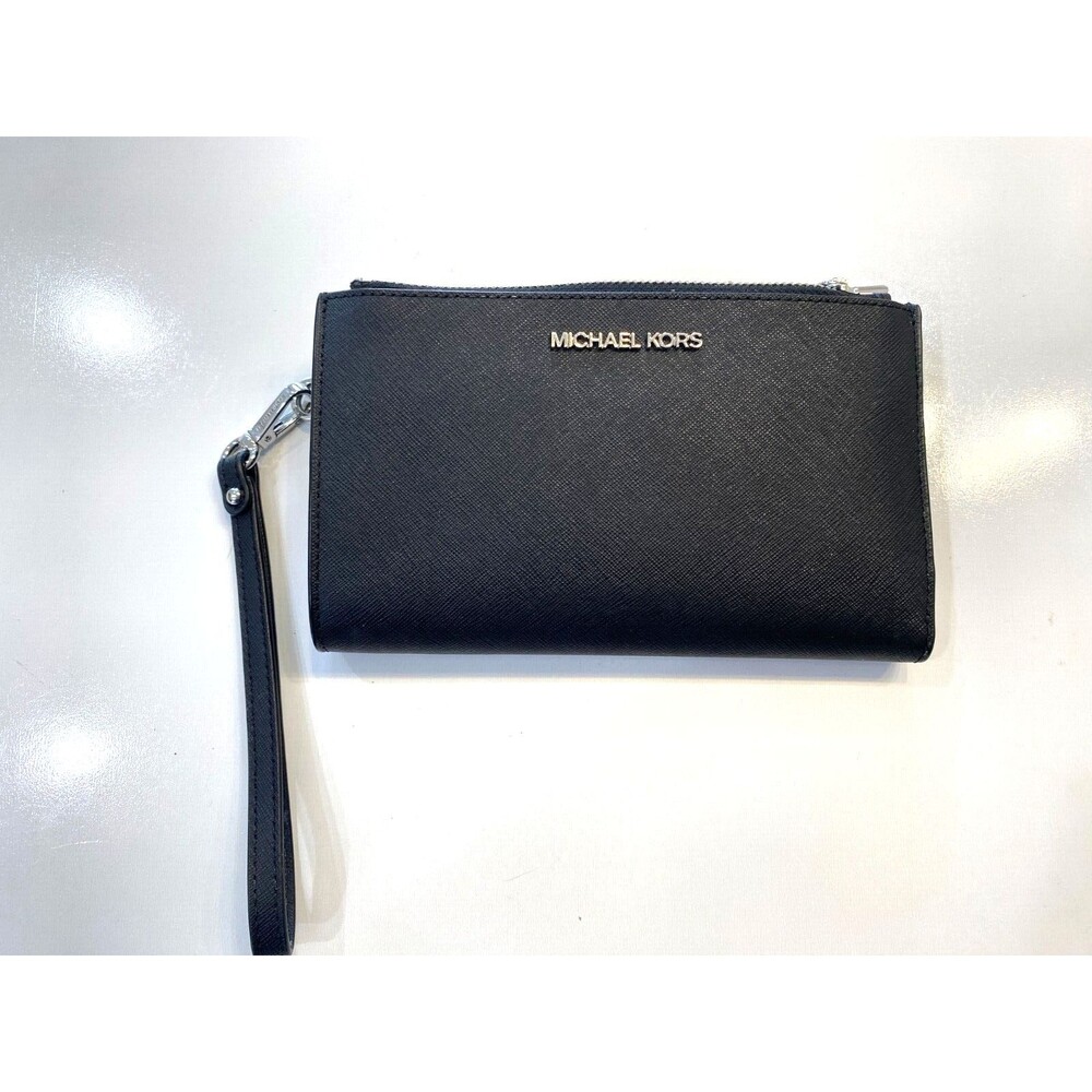 Michael Michael Kors Jet Set Travel Black Double Zip Leather Wristlet NEW $228